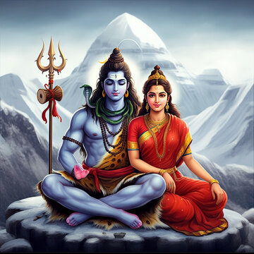 Serene depiction of Lord Shiva and Parvati seated together in the mountains, reflecting divine unity, strength, and the power of love