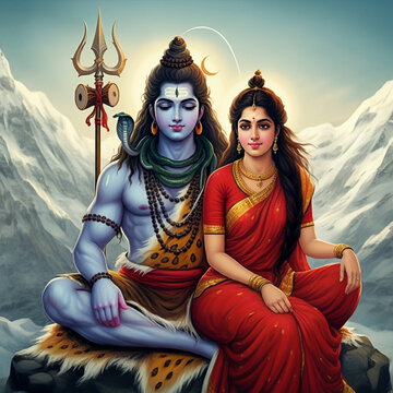Peaceful image of Lord Shiva and Parvati meditating in the mountains, embodying harmony, spiritual connection, and divine love