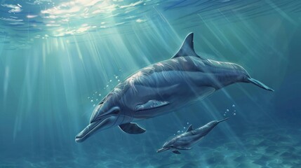 Fototapeta premium Dolphins Swimming Underwater with Sun Rays