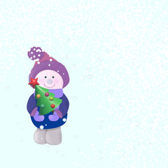 Background with a cute snowman and a 3D Christmas tree for New Year and Christmas designs.
