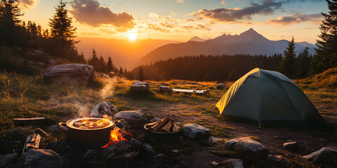 Campfire camp in the morning/evening glow, with delicious food in the cookware on the campfire. Outdoor supplies, travel, hiking, business poster, background, wallpaper, camping, picnic, campfire