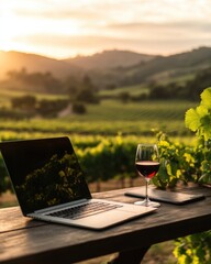 Freelancer enjoys a workcation at a vineyard cafe with laptop and glass of wine