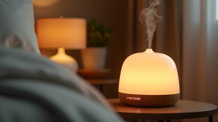 Aroma diffuser with steam for a cozy bedroom environment