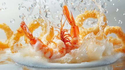 Shrimp and Fried Onion Rings with Splashing Water
