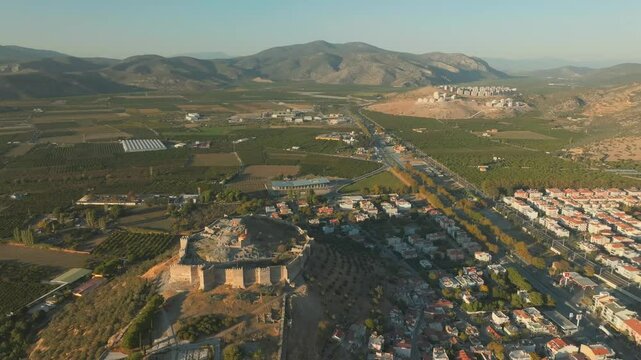 Ayasuluk Citadel drone Panorama at city of Sel&ccedil;uk Turkey, Aerial next to ancient Ephesus of historic site, Turkiye