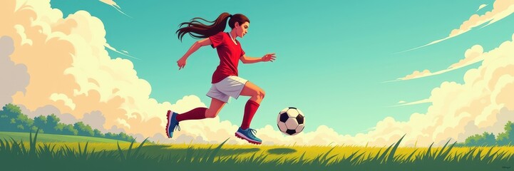 Obraz premium A dynamic illustration of a young female soccer player sprinting across a vibrant field, embodying athleticism and passion for the game.