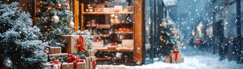 Snow covered Online Store Interface with Christmas Discount Labels and Holiday Offers