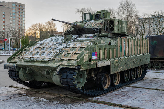 ST. PETERSBURG, RUSSIA - NOVEMBER 05, 2024: American infantry fighting vehicle M2A2 Bradley. Exhibition of captured equipment from the special military operation zone