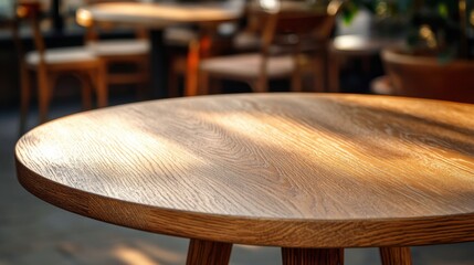 Empty round wooden table in a blurred coffee shop background