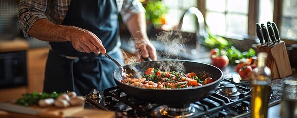 Fototapeta premium Man cooking shrimp and vegetables in a pan.
