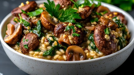 Fototapeta premium A luscious vegan mushroom and spinach risotto bursting with umami flavors is captured in a soft focus cinematic lighting showcasing a modern minimalist style