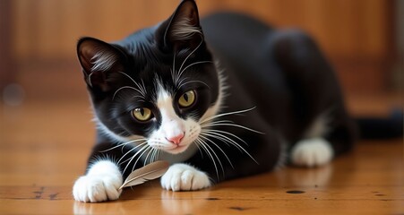 Curious black and white cat playing