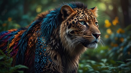 Fototapeta premium a surreal and fantastical scene where a majestic leopard is adorned with vibrant, iridescent feathers.