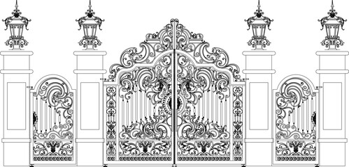 classic vintage old iron fence gate ethnic European style with floral accessories