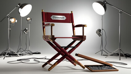 Film Director’s Chair with “Director” Label and Clapperboard on a Minimalistic Set with Light Equipment in the Background