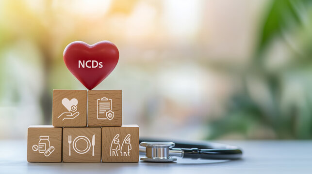 Prevention, detection and treatment of NCDs concept. Wooden blocks with NCDs icons related to non-communicable diseases (NCDs). Healthcare strategies for NCDs.