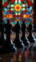 A striking close-up of black chess pieces set against a vibrant stained-glass background, symbolizing strategy, contemplation, and artistic elegance.