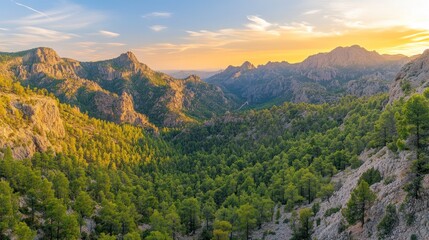 A stunning mountain landscape at sunset, showcasing lush greenery and rugged terrain.