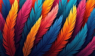 Vibrant and colorful feather patterns create an eye-catching abstract design, perfect for creative projects, backgrounds, or print materials.