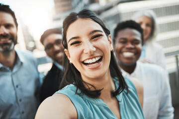 City, laughing and selfie with business people outdoor together for bonding, memory or solidarity....