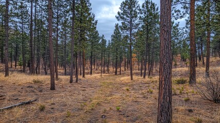 Fototapeta premium A serene forest scene with tall pine trees and a grassy path leading into the woods.