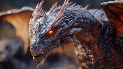 Obraz premium Close-Up of a Fierce Dragon with Fiery Eyes and Detailed Scales for Fantasy and Mythology Concepts