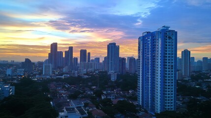 Fototapeta premium A city skyline at sunset, showcasing modern buildings against a colorful sky.