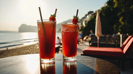 Two red cocktails with strawberries sit on a table at a beachside bar