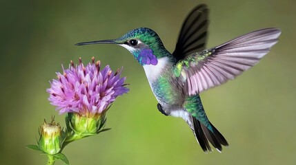 Fototapeta premium A vibrant hummingbird hovering near a pink flower, showcasing nature's beauty.