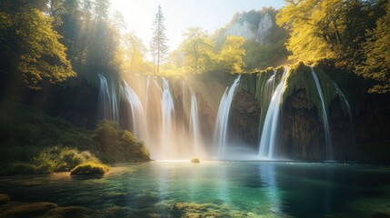 Obraz premium A serene waterfall cascading into a tranquil pool, surrounded by vibrant foliage and sunlight.