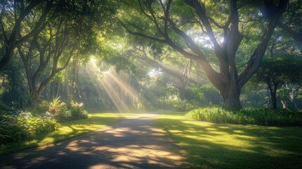 Obraz premium A serene forest path illuminated by sunlight filtering through lush trees.