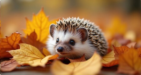 Adorable hedgehog in autumn leaves