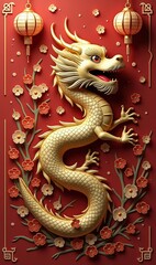 Obraz premium A vibrant and intricate illustration of a golden dragon against a red background, adorned with lanterns and flowers, symbolizing prosperity and good fortune.