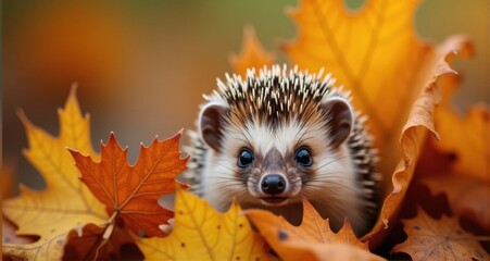 Adorable hedgehog among autumn leaves