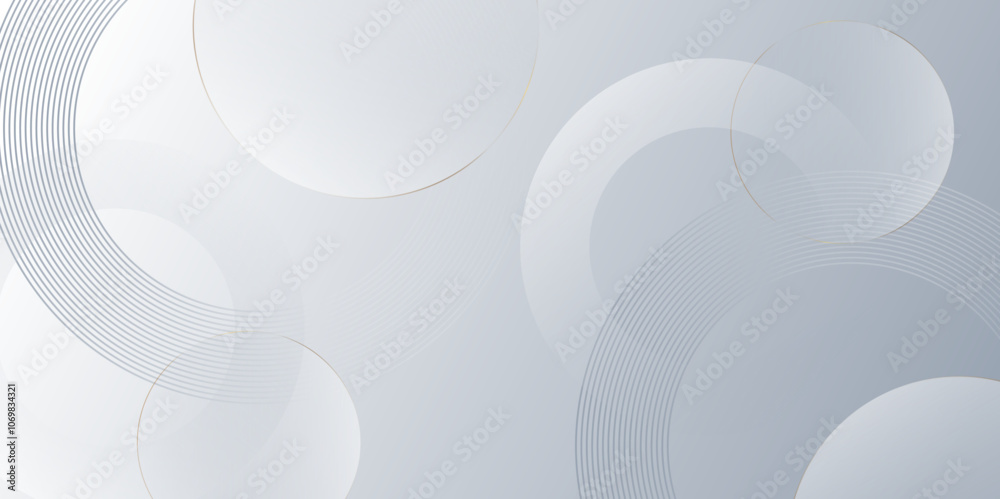 Poster Minimal geometric white and blue circle background with golden line. modern transparency circle presentation background. Light circles template design. Object web design. Minimal poster simple Vector.