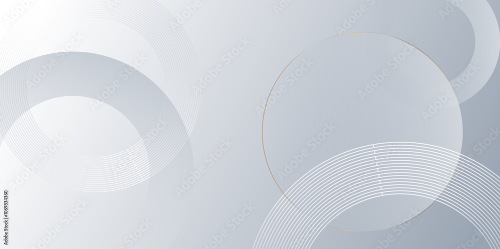 Poster Minimal geometric white and blue circle background with golden line. modern transparency circle presentation background. Light circles template design. Object web design. Minimal poster simple Vector.