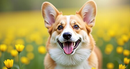 Happy corgi in a field of flowers