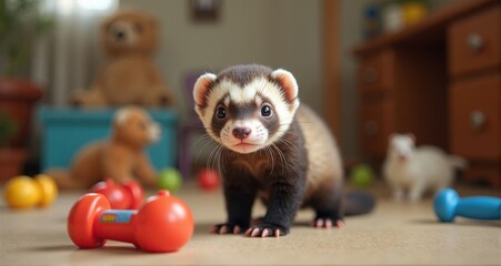 Fototapeta na wymiar Curious ferret exploring its colorful toys