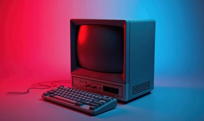 A retro computer setup featuring an old monitor and keyboard, illuminated with vibrant red and blue lighting. Perfect for nostalgic tech themes or vintage design projects.