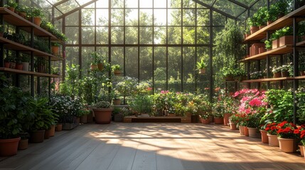 Obraz premium Lush Greenhouse Filled With Vibrant Plants and Sunlight