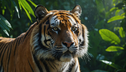 Fototapeta premium Prompt: A majestic tiger with piercing eyes, standing in a lush, green jungle. Raindrops glisten on its fur, adding to the atmosphere of the image.