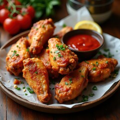 Fototapeta premium Crispy chicken wings served with a tangy dipping sauce, garnished with fresh herbs. Perfect for restaurants, food blogs, or menus.