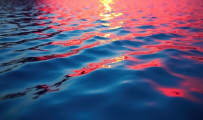 Calm, reflective water surface illuminated by a vibrant sunset, creating a serene and tranquil atmosphere that evokes peace and relaxation.