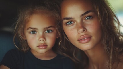 Mother and Daughter: A tender, intimate portrait of a mother and her young daughter, capturing their close bond and shared gaze.