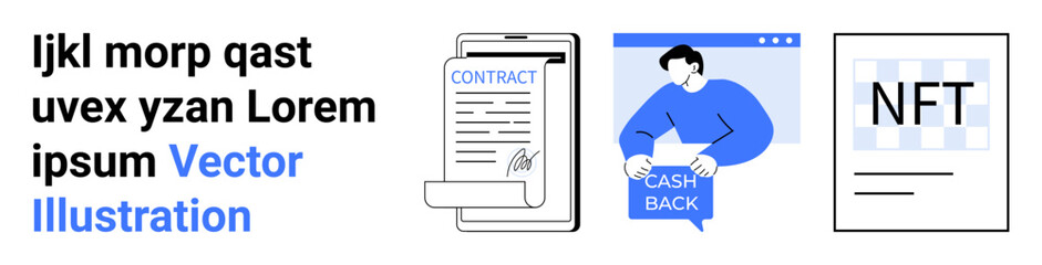 Contracts clipboard, person with cashback icon, NFT document enable digital transactions, e-commerce, contracts management, cashback processes, cryptocurrency, digital assets, virtual agreements