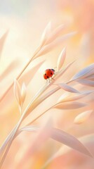 A serene close-up of a ladybug climbing a slender blade of grass, with the warm, golden light of sunset illuminating the scene. The grass gently curves, and the ladybug’s red shell glows softly in the