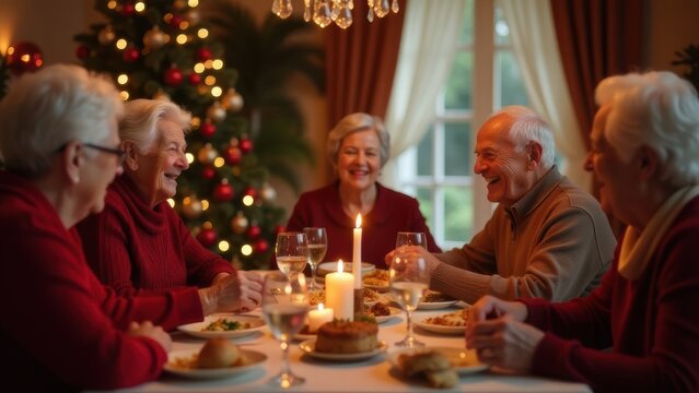A group of elderly friends gathered around a festive dinner table, laughing and enjoying a warm holiday meal together by candlelight, with a beautifully decorated Christmas tree in the background