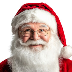 Naklejka premium Santa Claus isolated on white background. Close-up portrait of man wearing Santa Clause costume including white beard and red hat