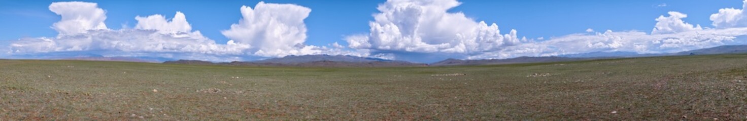 Obraz premium Panorama of Khirigsuur - ancient burial sites in valley. in Gorny Altai Republic.