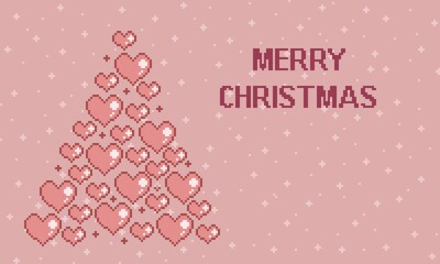 Christmas card design in Pixel Art, with artistic love pattern christmas tree, pink background and merry christmas greetings and copy space. can be used for wallpaper, template card and background.